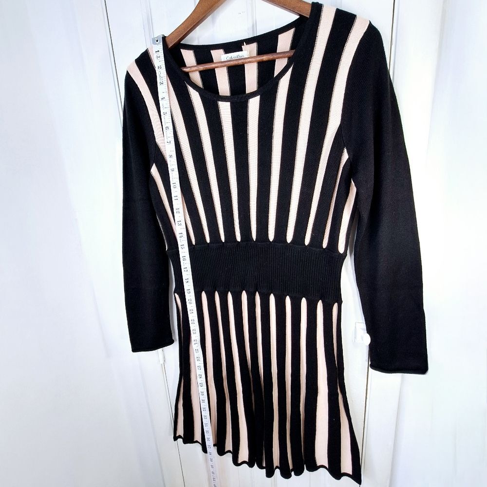 Calvin Klein Black Cream Ribbed Striped Long Sleeve Fit & Flare Knit Dress Sz L - Picture 11 of 13
